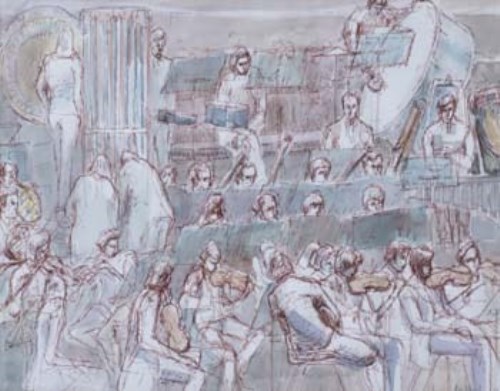 Lot 736 - Dorothy Bradford, Orchestral Rehearsal, ink and watercolour.