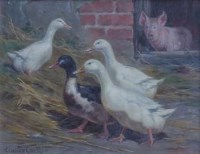 Lot 767 - Claude Cardon, Chickens in a farmyard with a piglet, oil.