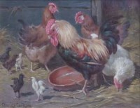 Lot 768 - Claude Cardon, Chickens in a farmyard, oil.