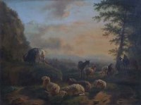Lot 770 - Eugene Verboeckhoven, Rural view with sheep, cattle and a donkey, oil.