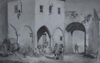 Lot 779 - Jean Baptiste Charles Detaille, Inside the ruined fort with farmworkers and a sportsman, pencil and wash.