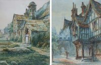 Lot 785 - William Sellon, Street scenes with figures outside houses, watercolour (2).