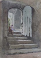 Lot 791 - Louise J. Rayner, Sketch in Episcopal Palace, Lincoln, watercolour.