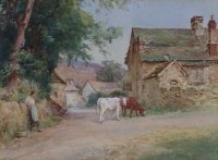 Lot 800 - Frederick Knowles, Village scene, watercolour.