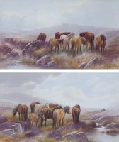 Lot 801 - Tom Rowden, Ponies on Dartmoor, watercolour (2).
