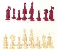 Lot 10 - Turned bone red & white chess set missing one