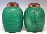 Lot 181 - Pair of Art Noveau vases with copper lids made for
