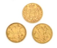 Lot 358 - Two Victoria young head sovereigns and another (3).