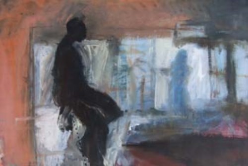 Lot 478 - Jane Stanton, Couple in an interior, oil.