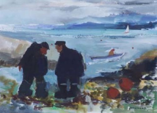 Lot 538 - Sue Atkinson, Fishermen, Colonsay, gouache.