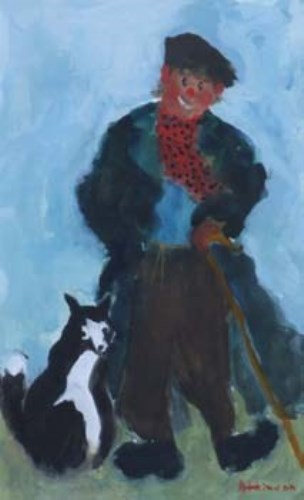Lot 539 - Sue Atkinson, Farmer and Dog, gouache.
