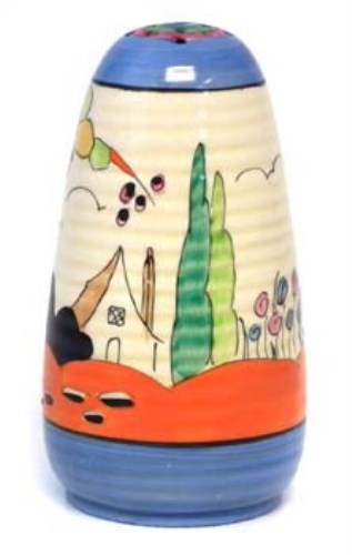 Lot 129 - Clarice Cliff sugar sifter, tulip pattern.