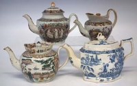 Lot 207 - Four Staffordshire teapots  three printed in
