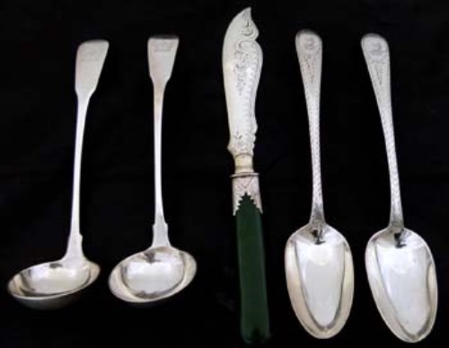 Lot 257 - Two toddy ladles, two Irish spoons ad a jade