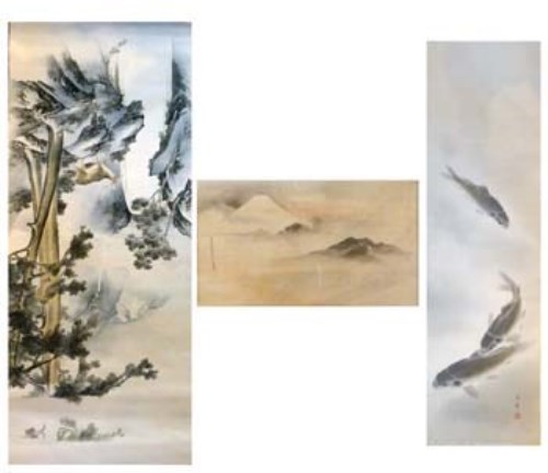 Lot 351 - Three Japanese painted silk scrolls