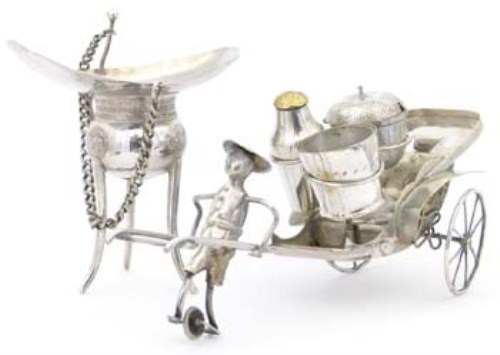Lot 398 - Chinese silver jue and a rickshaw cruet.