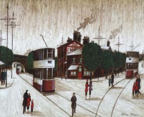 Lot 470 - Arthur Delaney, Ardwick Green with trams and figures, oil.