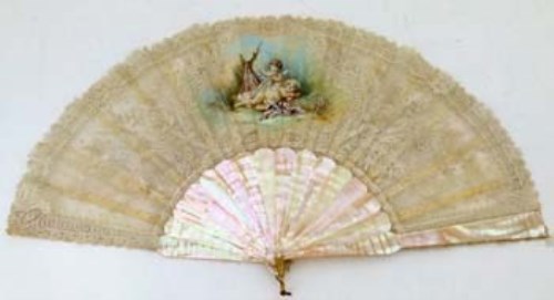 Lot 1 - Mother-of-pearl painted lace fan.