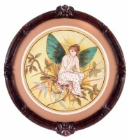 Lot 128 - Wedgwood framed circular plaque signed Rosbo Harris, painted with a fairy perched on a branch, impressed marks and painted monograms to base, fitted within Victorian mahogany carved frame,...