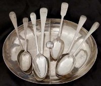 Lot 183 - Seven 18th century silver spoons and a silver dish.
