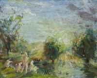 Lot 300 - Bernard Dunstan, Figures in a river landscape, oil.