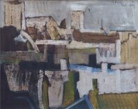 Lot 319 - Geoffrey Key, Rooftops with church, mixed media.