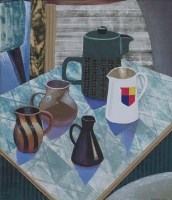Lot 326 - Douglas Smith, 20th century, Still life with jugs, watercolour and collage.