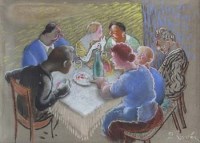 Lot 337 - P. Esván, Figures eating at a table, pastel.