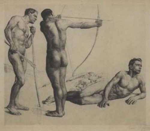 Lot 342 - Erich Wolfsfeld, Three Archers, signed etching.