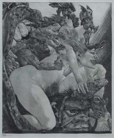 Lot 347 - Fritz Aigner, Surreal figure group, signed etching.