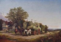 Lot 364 - J. Davis, 19th century, Rural scene with figures loading hay and cottage beyond, oil.