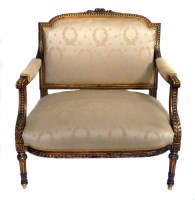 Lot 521 - 20th century French gesso framed sofa of small proportions, arch shaped back, open arms upholstered back pad arms, sprung seat, turned front leg supports, width 81cm (32"), depth 50cm (20"...