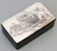 Lot 16 - Papier mache and mother-of-pearl snuff box.