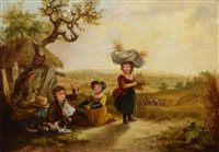 Lot 305 - Style of Thomas Faed, Pastoral scene with children and a dog in the foreground, oil.