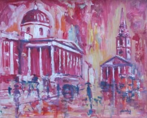 Lot 514 - J.L. Isherwood, Pink Rain, National Gallery and St Martin-in-the-Fields, oil.
