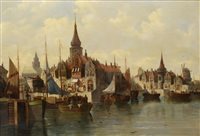 Lot 300 - Dutch School, 19th century, River townscape with boats and figures, oil.
