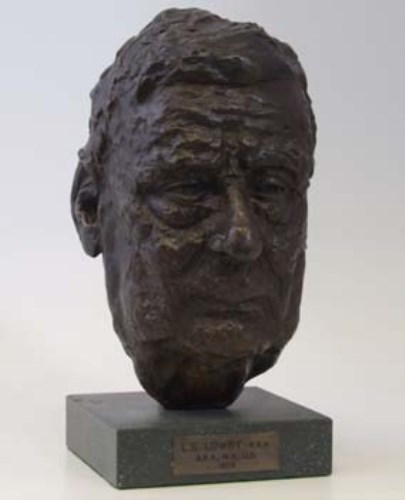 Lot 614 - Sam Tonkiss, Bronze portrait bust of L.S. Lowry on marble plinth, with reprinted photograph.