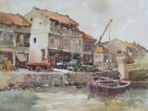 Lot 645 - Gog Sing Hooi, Harbour view with figures, watercolour.