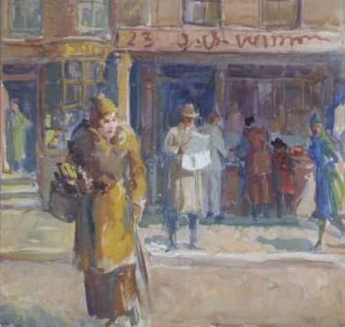 Lot 647 - Martin Hamlyn, Street scene with figures, watercolour.