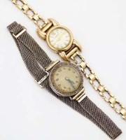Lot 375 - Platinum lady's wristwatch on 18ct platinum mesh bracelet, and a Jaeger - LeCoultre lady's 9ct bracelet watch (2).