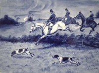Lot 122 - English porcelain plaque painted in blue and white with a huntscene