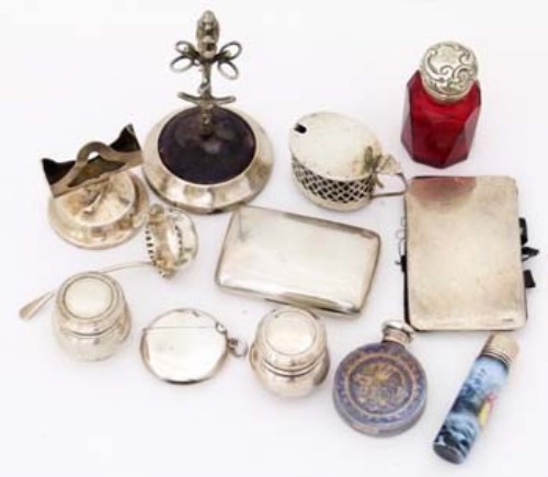 Lot 190 - Mordan scent flask; silver mounted hat pin stand, three silver topped