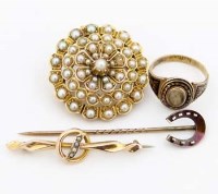 Lot 247 - Pearl floret brooch, bar brooch, stick pin and