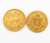 Lot 269 - 1907 gold sovereign; 1862 gold 20 francs (2)