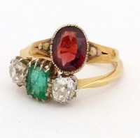 Lot 272 - Emerald and diamond three stone ring and a 22ct