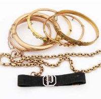 Lot 273 - Four gold bangles and an unmarked bangle, necklace chain and a braid 15ct and diamond bracelet.