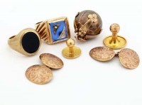 Lot 285 - Partly 9 carat gold and silver Masonic ball, 10 carat gold college ring, pair of 9 carat gold collar studs and a 9 carat gold signet ring.