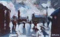 Lot 316 - Sue Atkinson, Street scene with figures, oil.