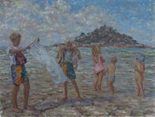 Lot 334 - Sheila Tiffin, Children playing on the beach at Saint Michael's Mount, oil.