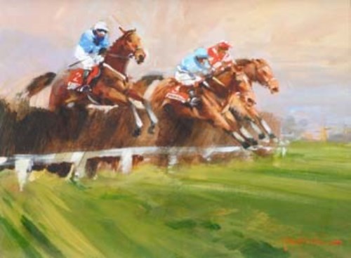 Lot 349 - John Haskins, Making the Jump, oil.